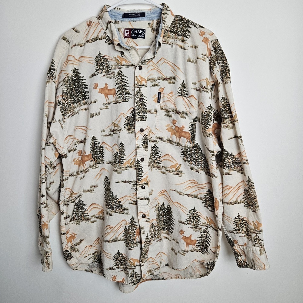 Vintage Chaps‎ Ralph Lauren Shirt Mens Size XL Moose All Over Print Western Camp